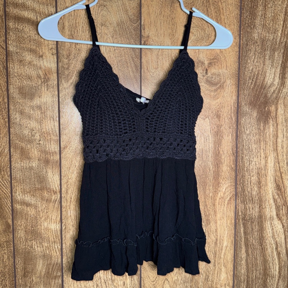 Hint of Blush Womens Black Crochet Gauze Cami Top Smocked Back Boho Beachy Small